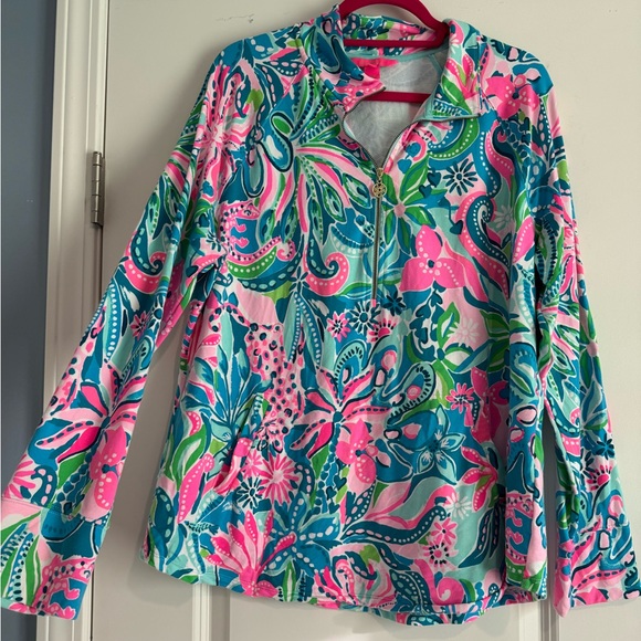 Lilly Pulitzer Tops - Lilly Pulitzer Pink & Blue Floral Quarter-Zip Pullover